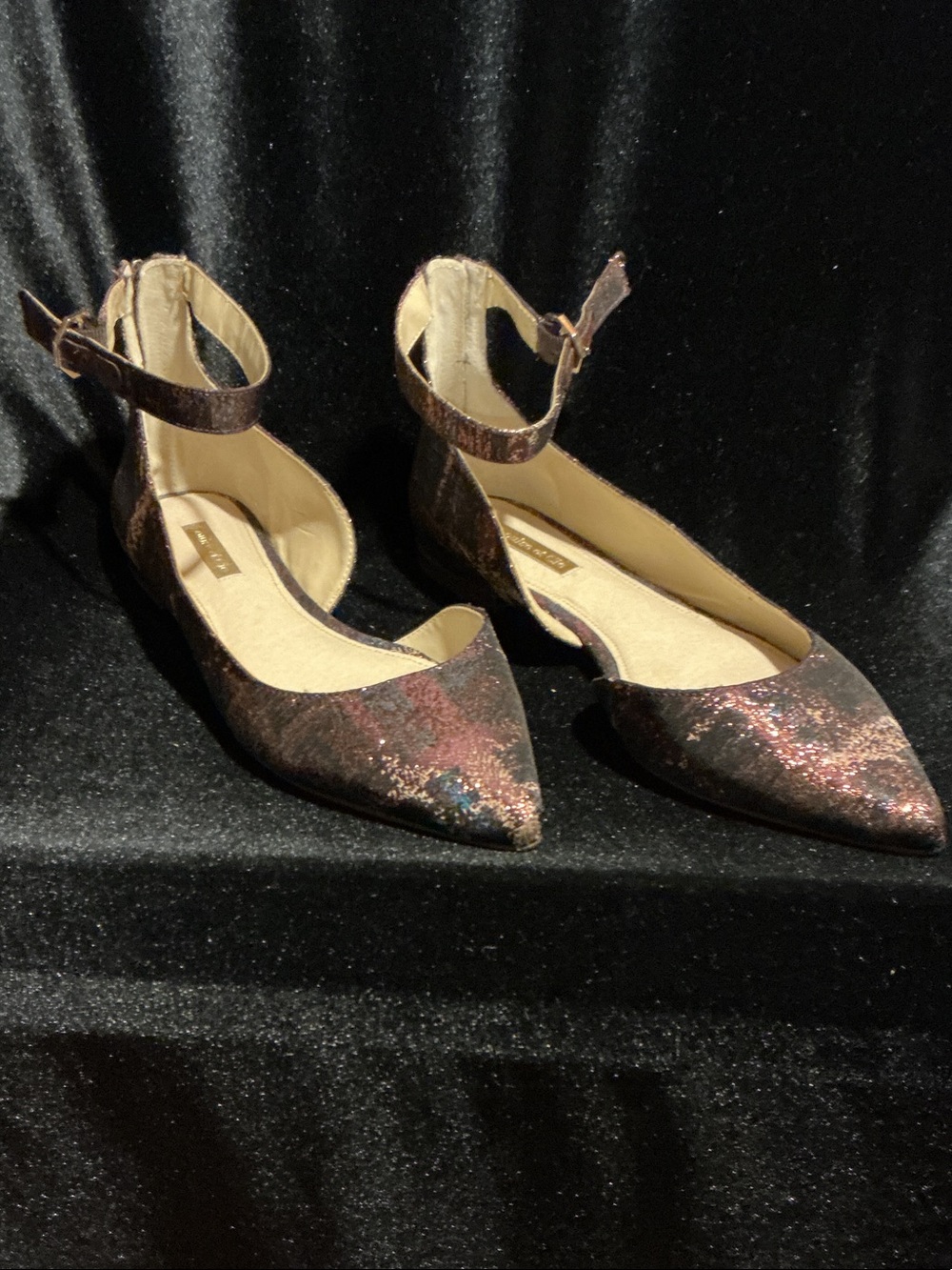 Louise et Cie Metallic Multi-Color Pointed Toe Ankle Strap Flats -